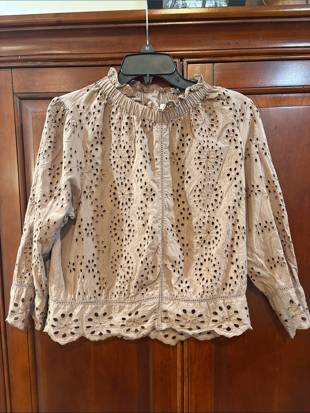 Eyelet Ruffle Neck Blouse in Taupe
